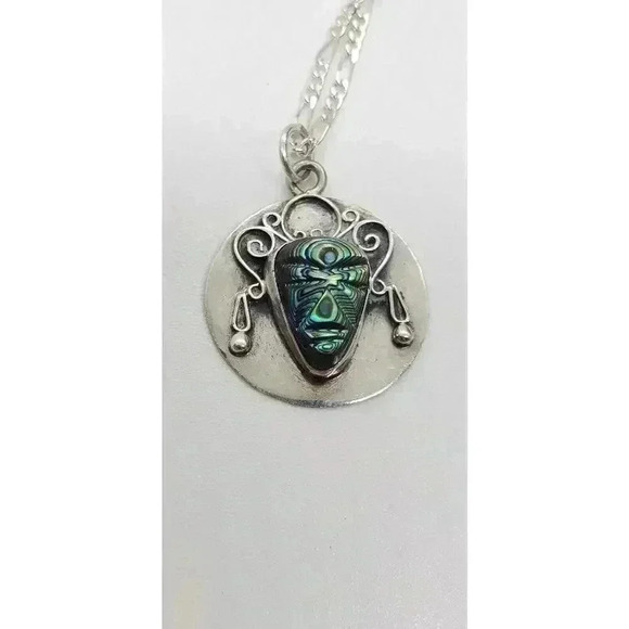 TAXCO MEXICO Carved Abalone Warrior Aztec Face SIGNED Sterling Silver Pendant - Picture 6 of 10